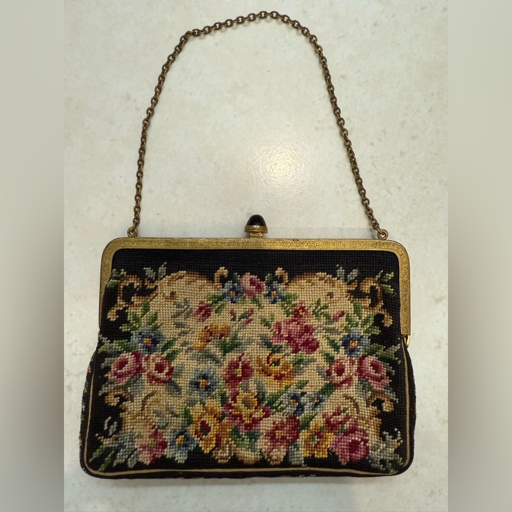 Vintage 1930 Floral Needlepoint Handbag with Chain Strap